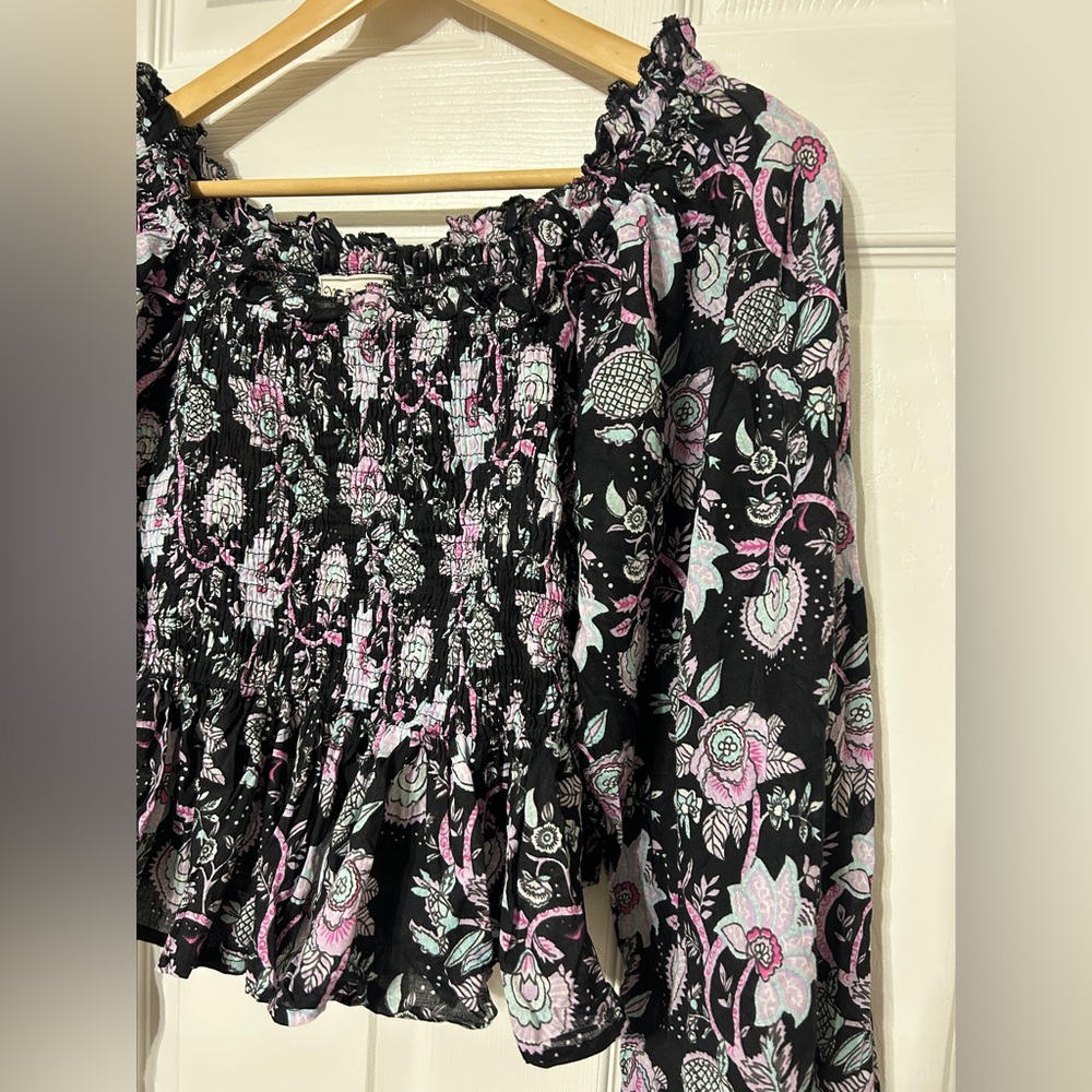 Mille Resort Circe Top Blouse Black Floral Tropical Night Lantern Sleeves Size M - Picture 4 of 7